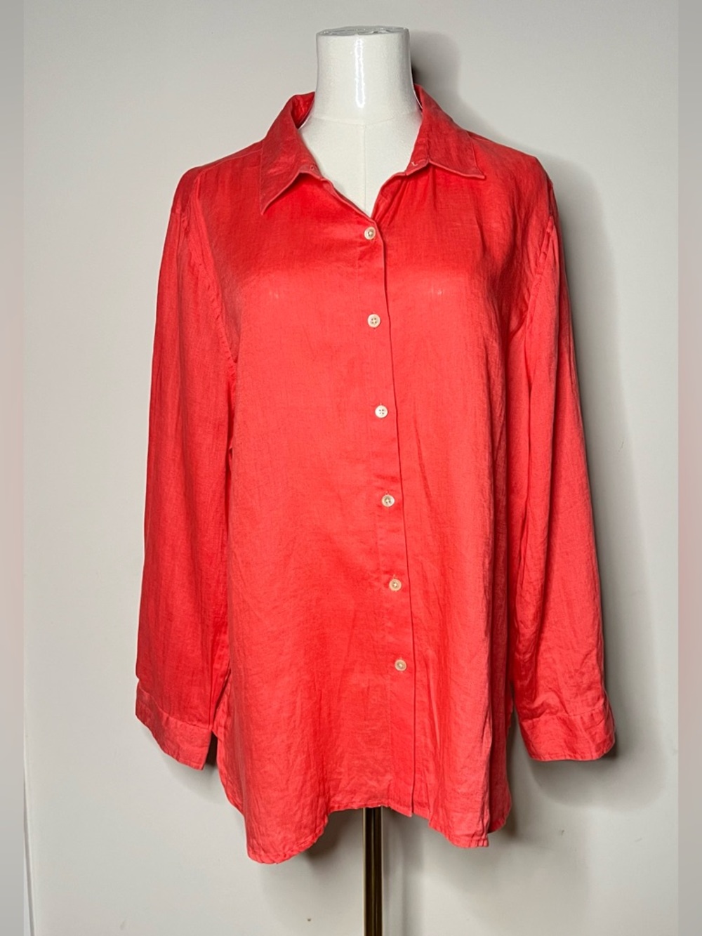 J. Jill Love Linen Button Down Shirt Tunic Coral Sz L 100% Linen Resortwear